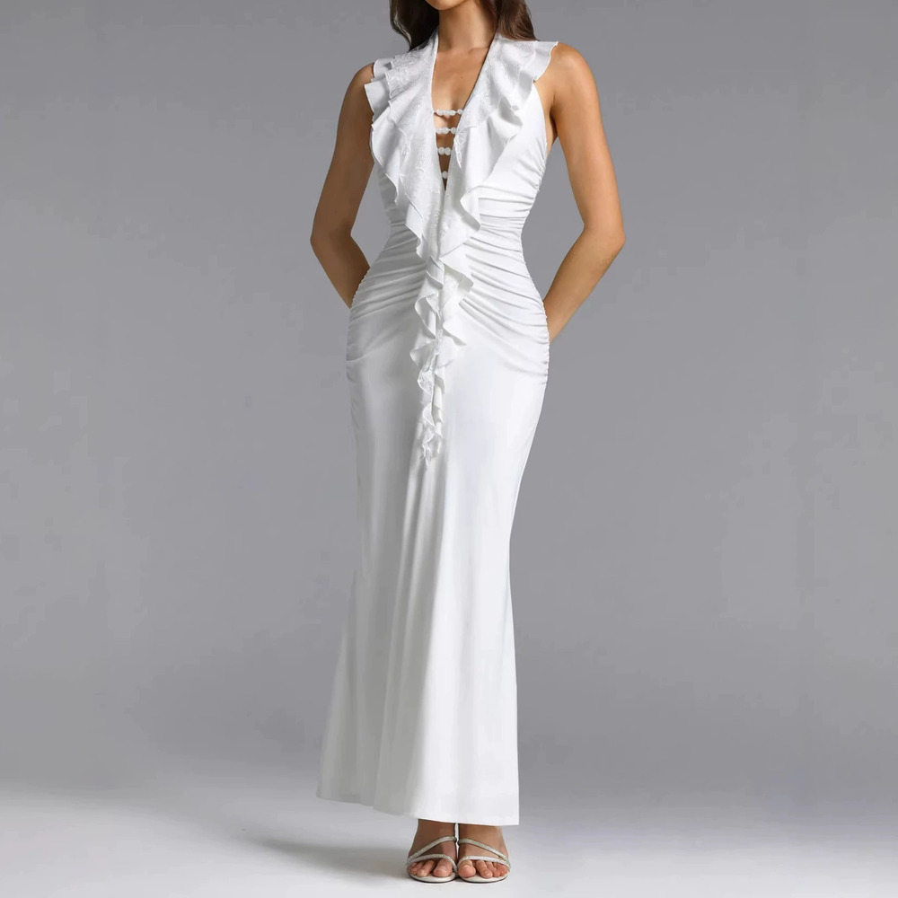 Forever 21 Summer Sleeveless Ruffle Waist Bodycon White Backless Maxi Dress